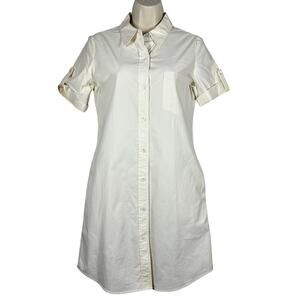 Theory Cotton Blend Shirt Dress Short Sleeve Casual Cream Career Workwear - 4
